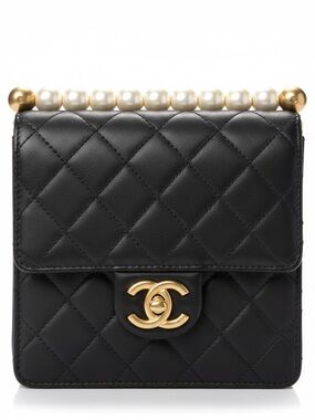 CHANEL Black Quilted Mini Flap Bag with Pearl Top Handle and Gold CC